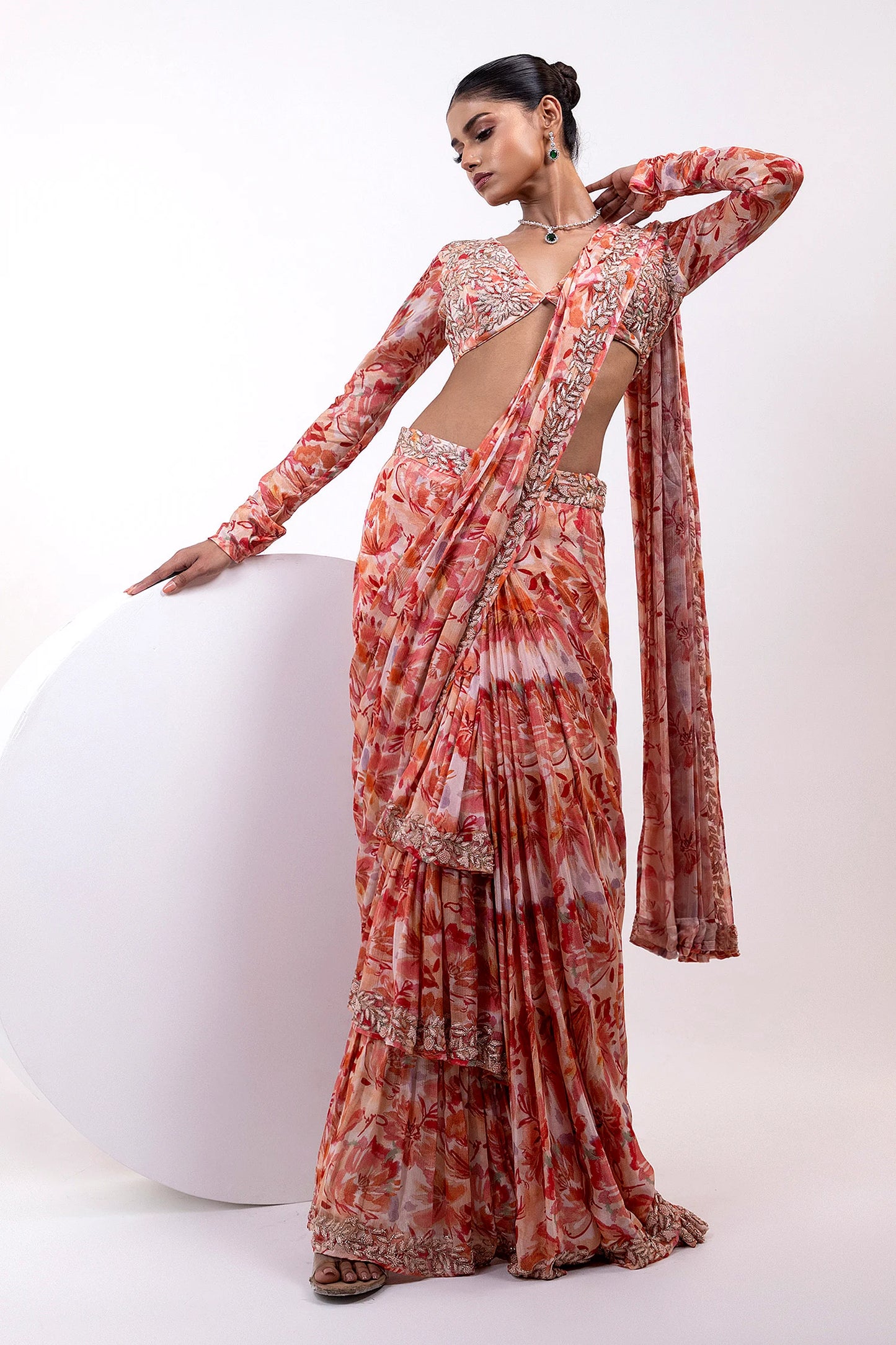 Printed Ruffle Saree with Embellished Full-Sleeve Blouse