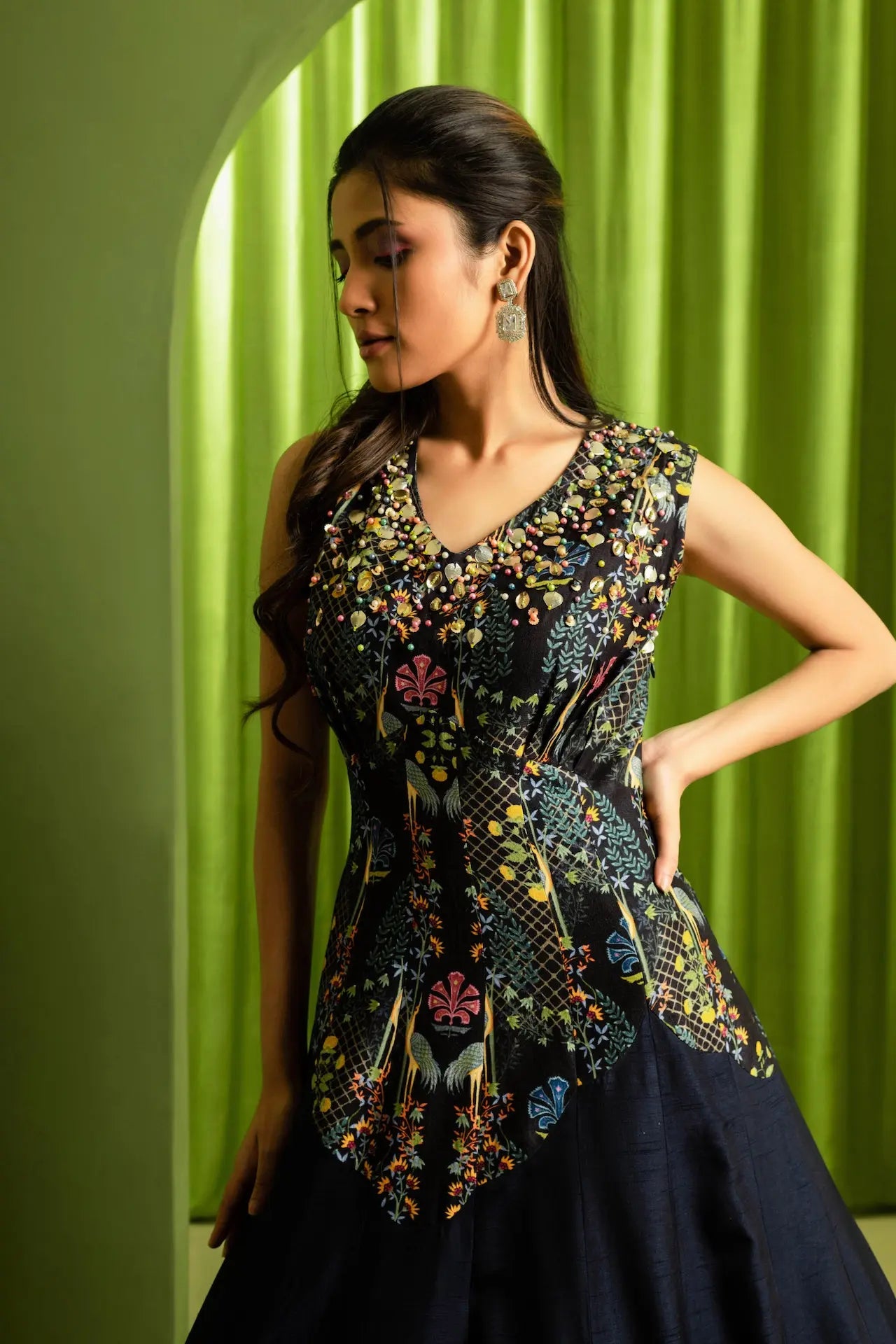 Printed Embroidered Cocktail Gown