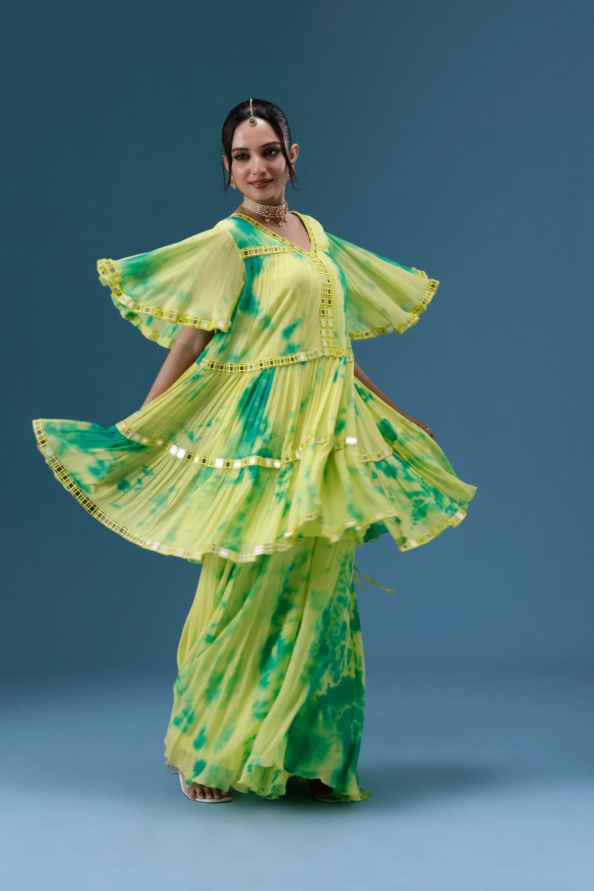 Rangrez Lime Tie-Dye Tiered Set