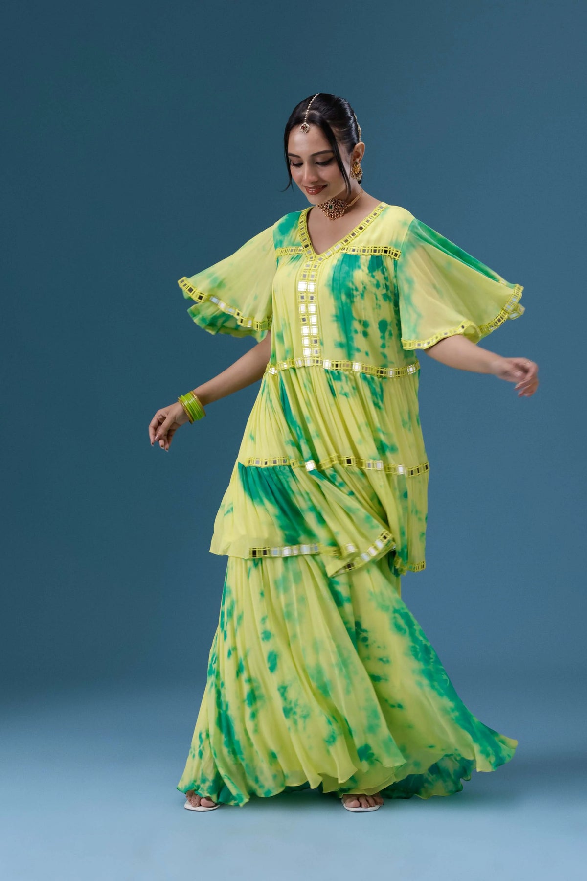 Rangrez Lime Tie-Dye Tiered Set