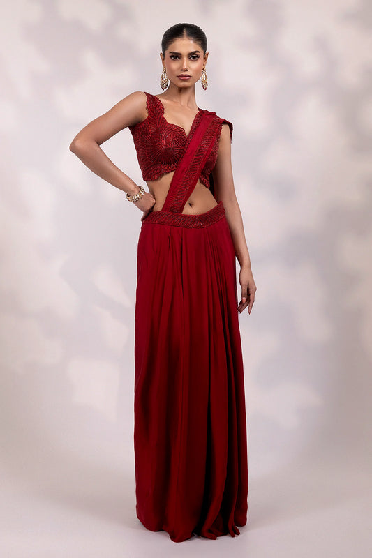 Red Embellished Drape Saree Gown