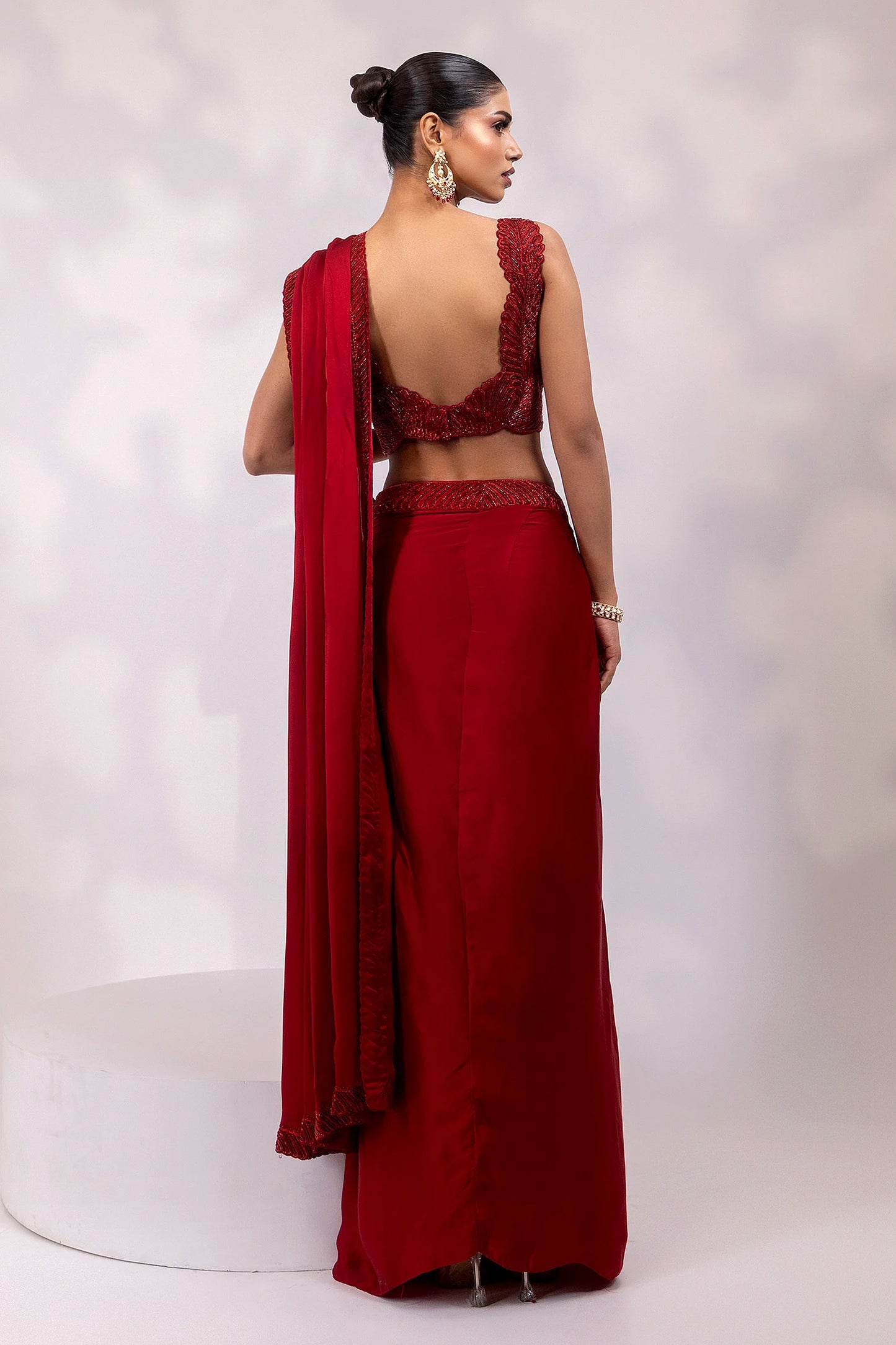 Red Embellished Drape Saree Gown