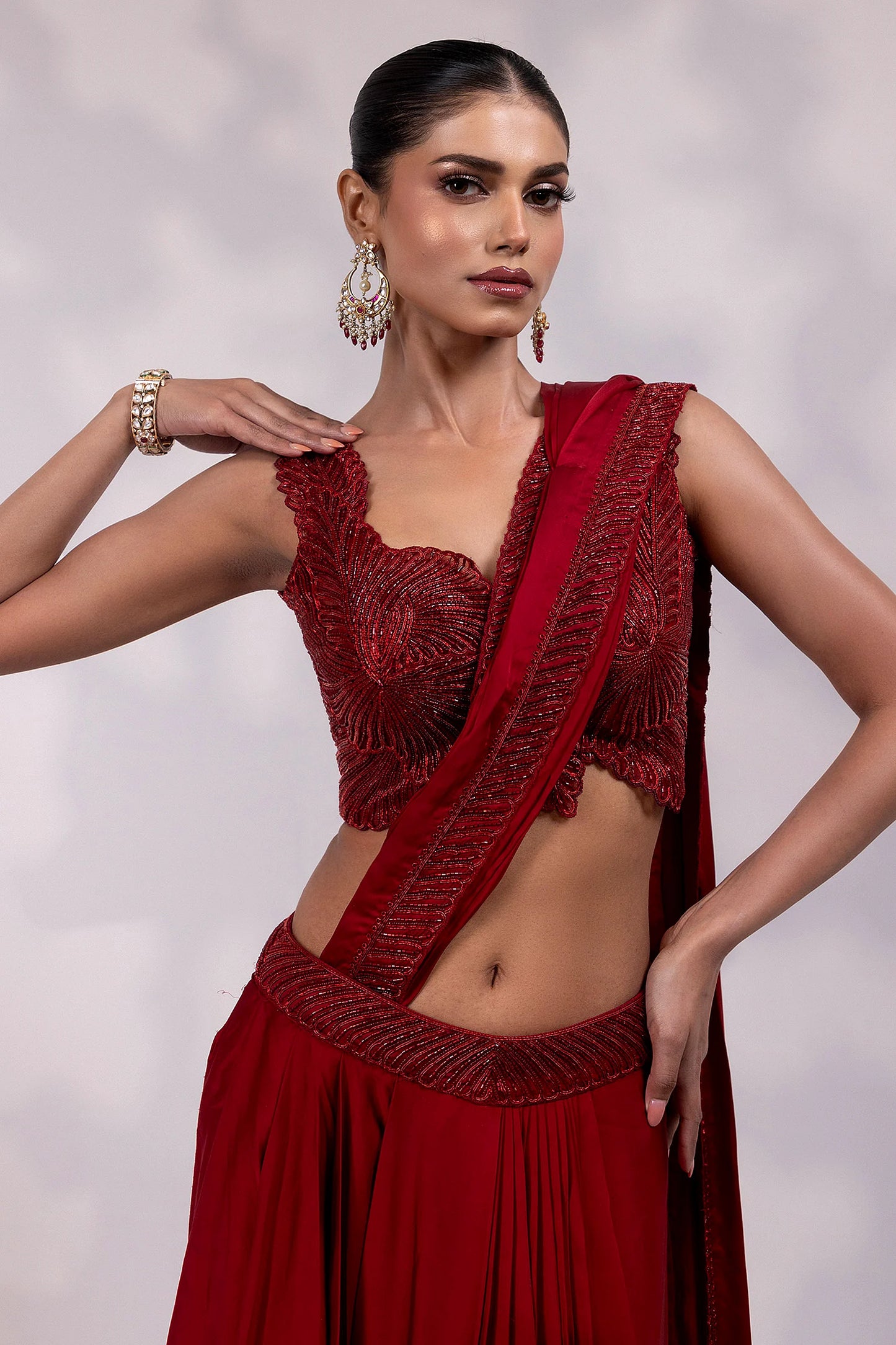 Red Embellished Drape Saree Gown