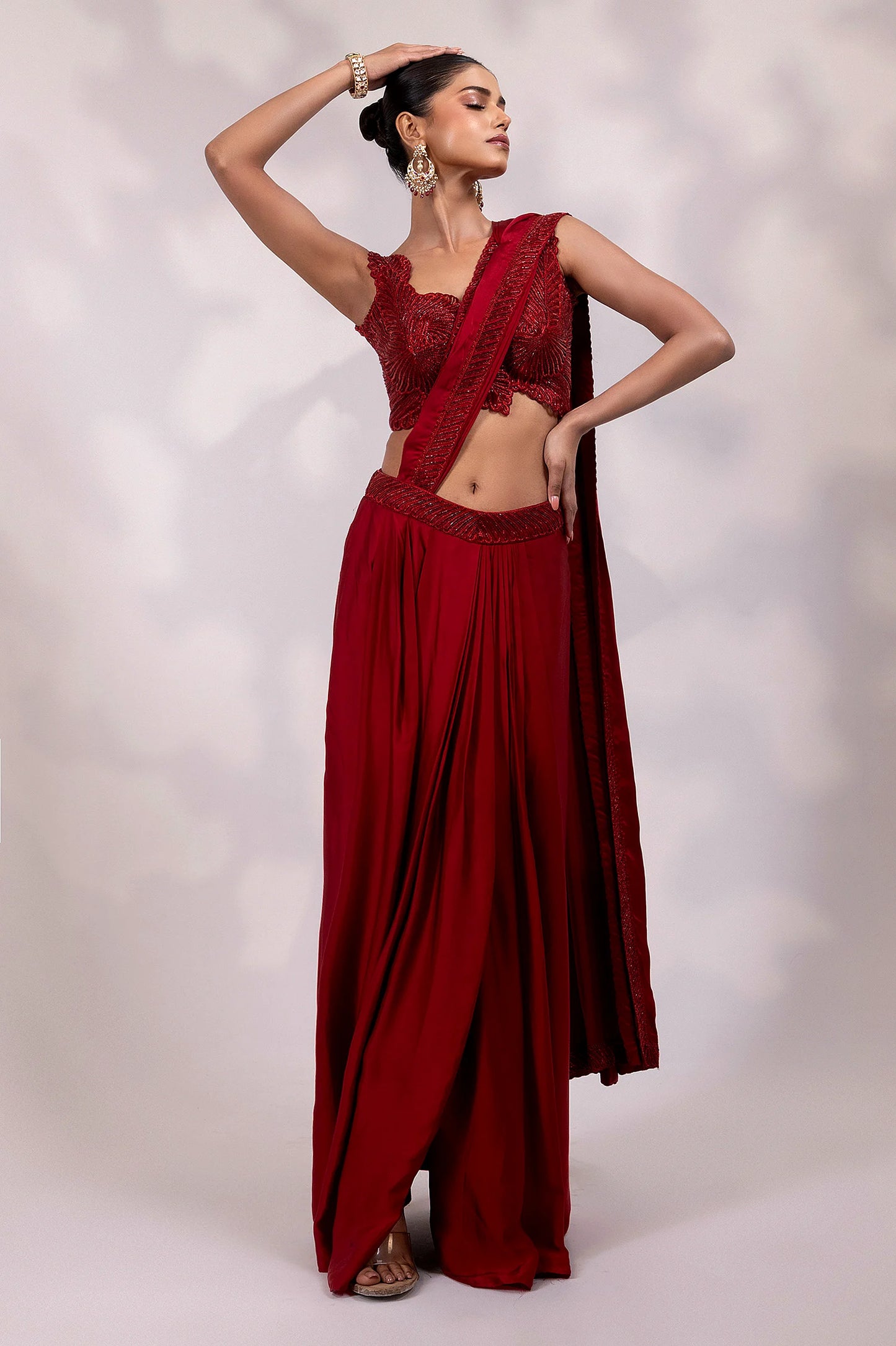 Red Embellished Drape Saree Gown