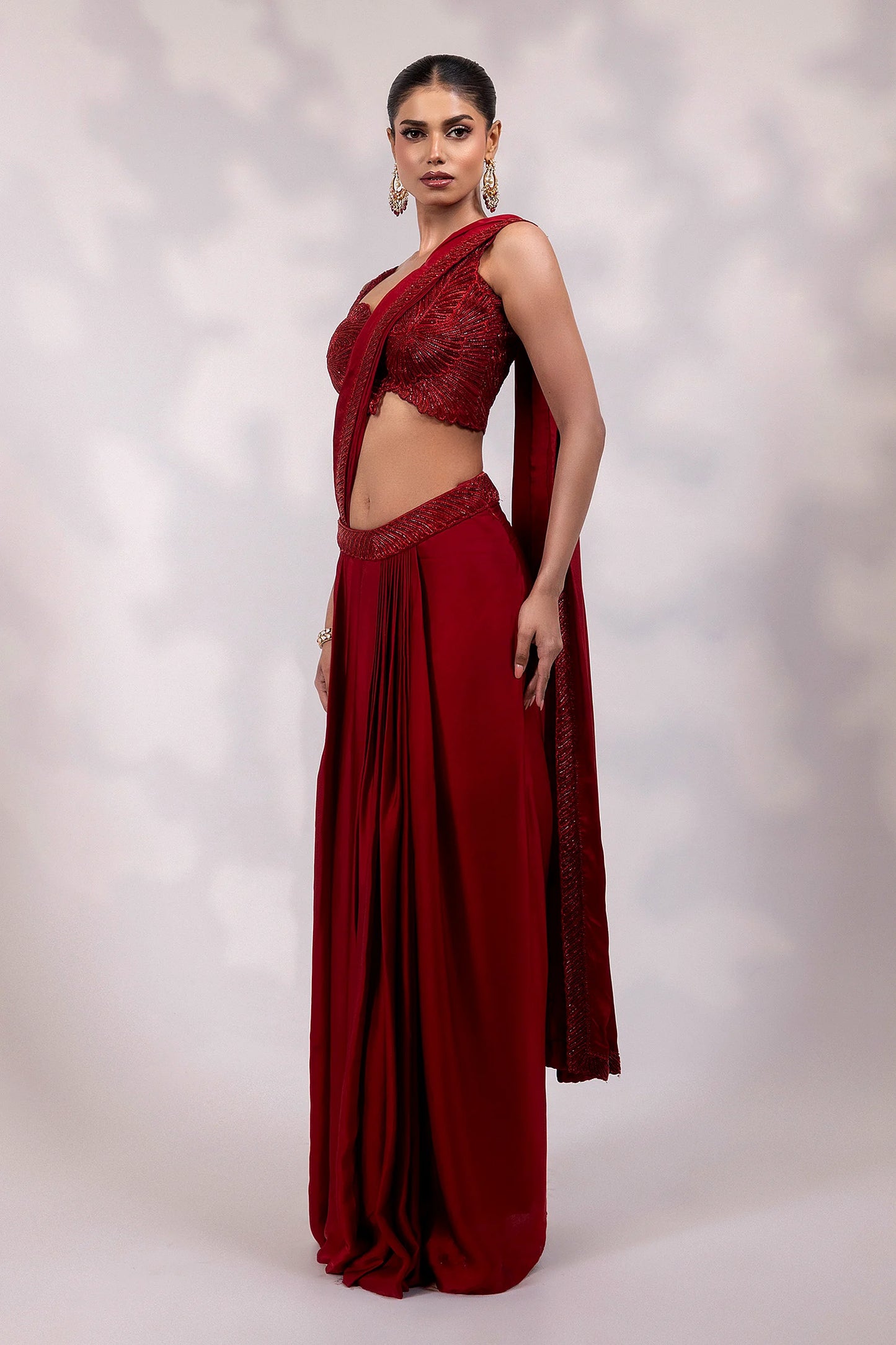 Red Embellished Drape Saree Gown