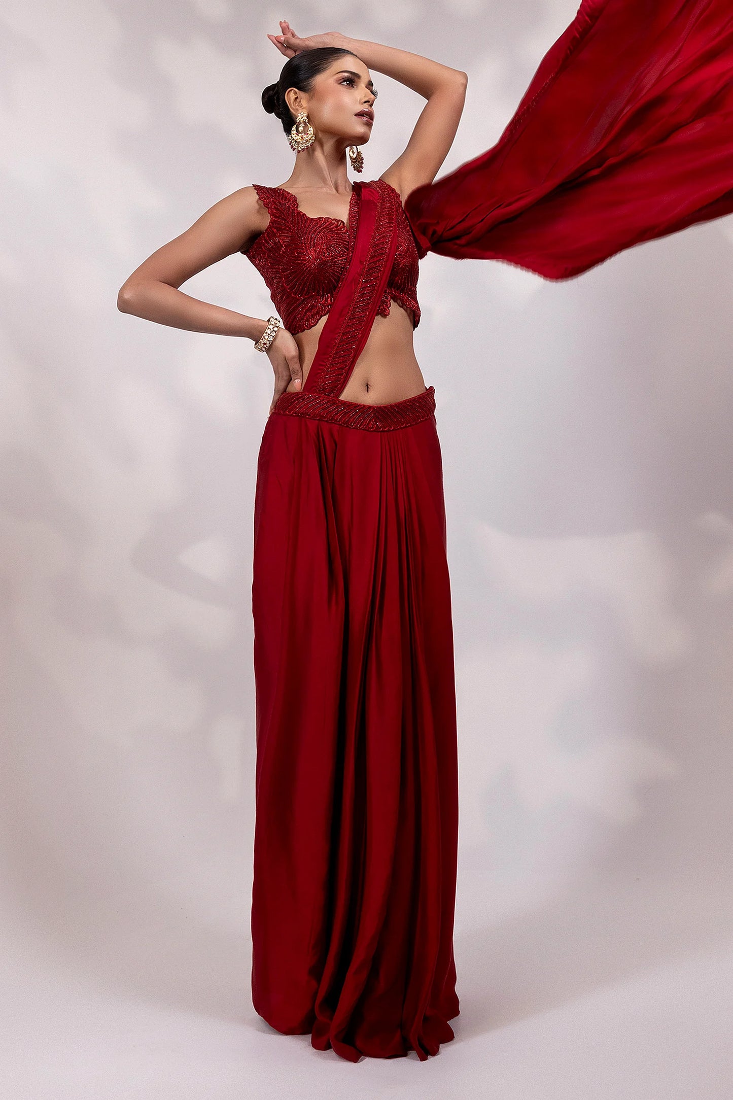 Red Embellished Drape Saree Gown
