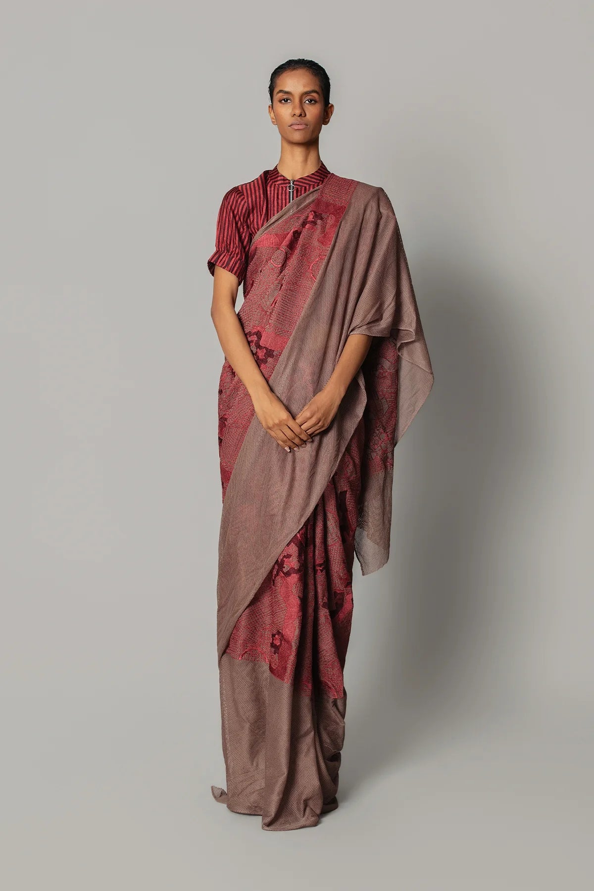 Red Map Saree with Strip Blouse
