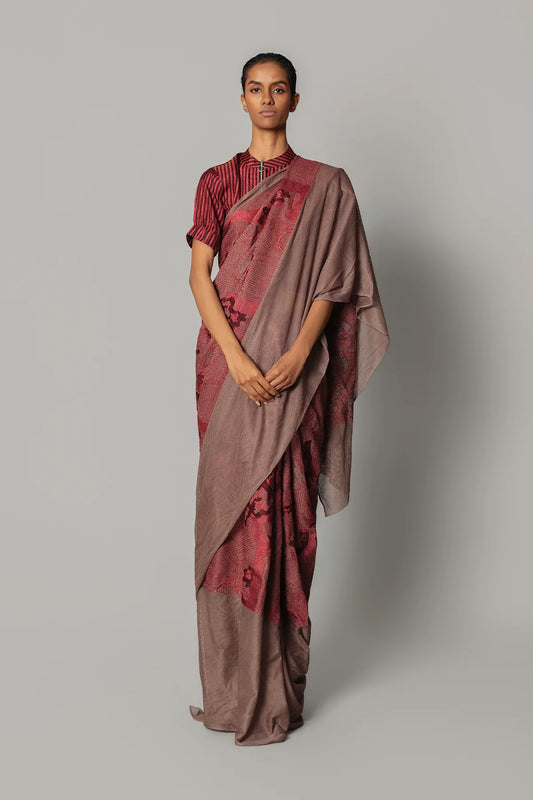 Red Map Saree with Strip Blouse