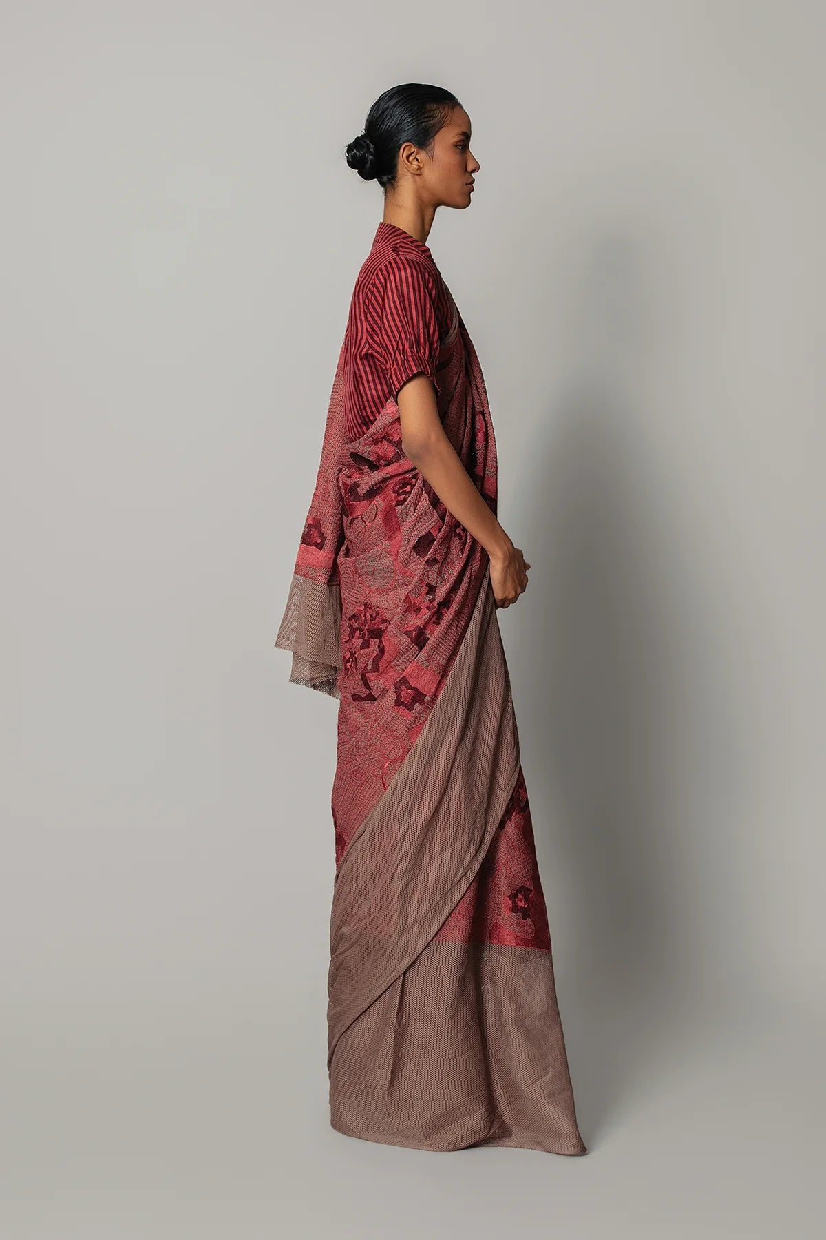 Red Map Saree with Strip Blouse
