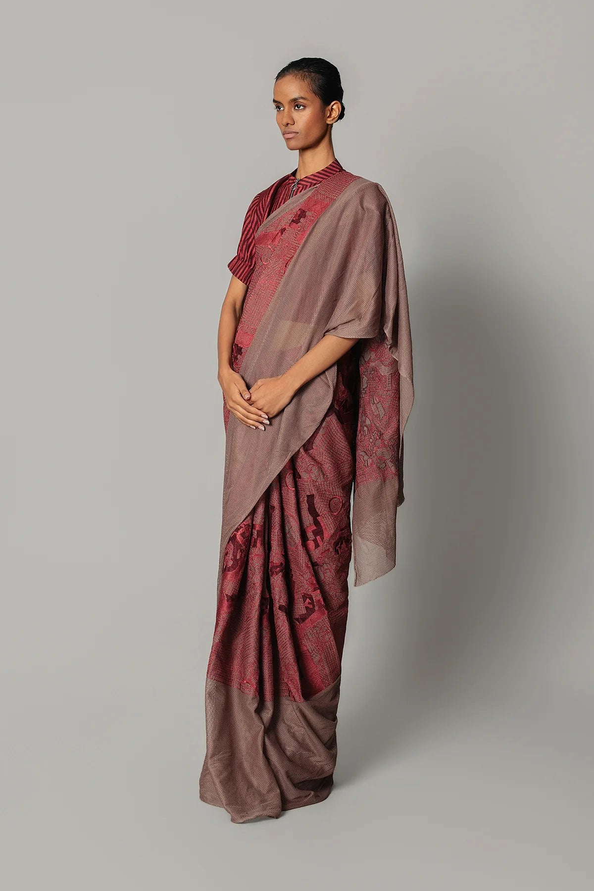 Red Map Saree with Strip Blouse