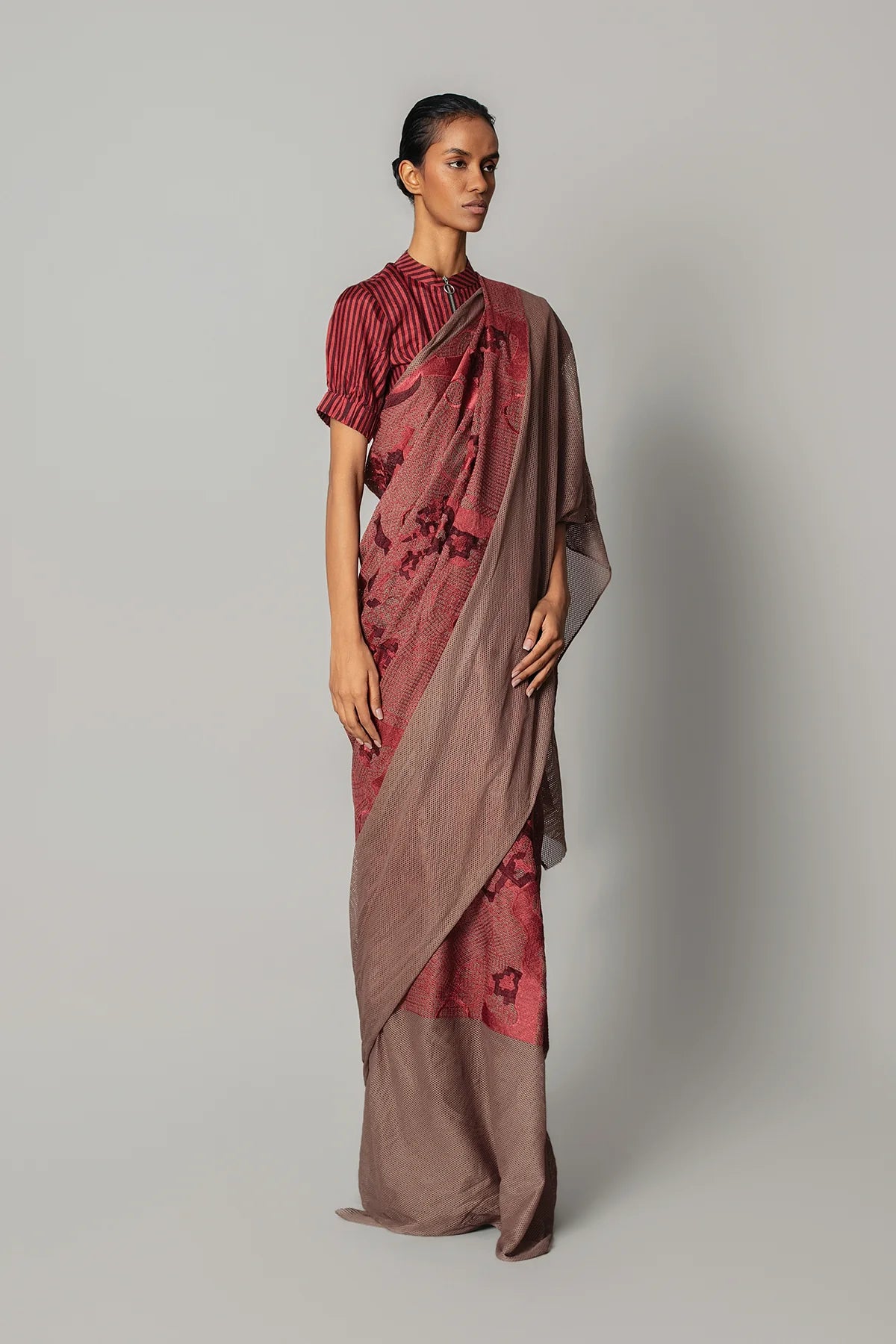 Red Map Saree with Strip Blouse