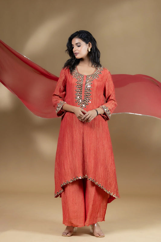Red Shimmer Crush Mirror Work Dress With Dupatta