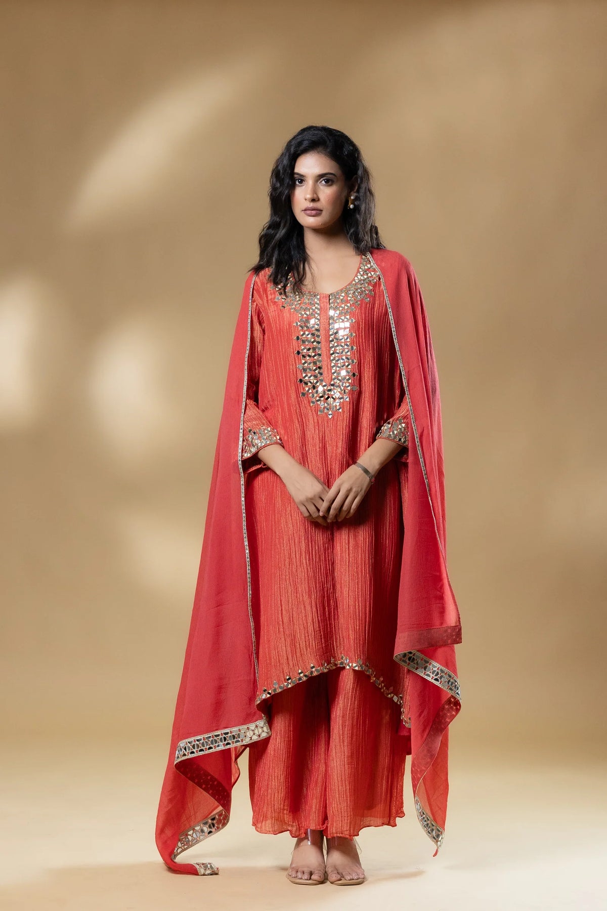 Red Shimmer Crush Mirror Work Dress With Dupatta