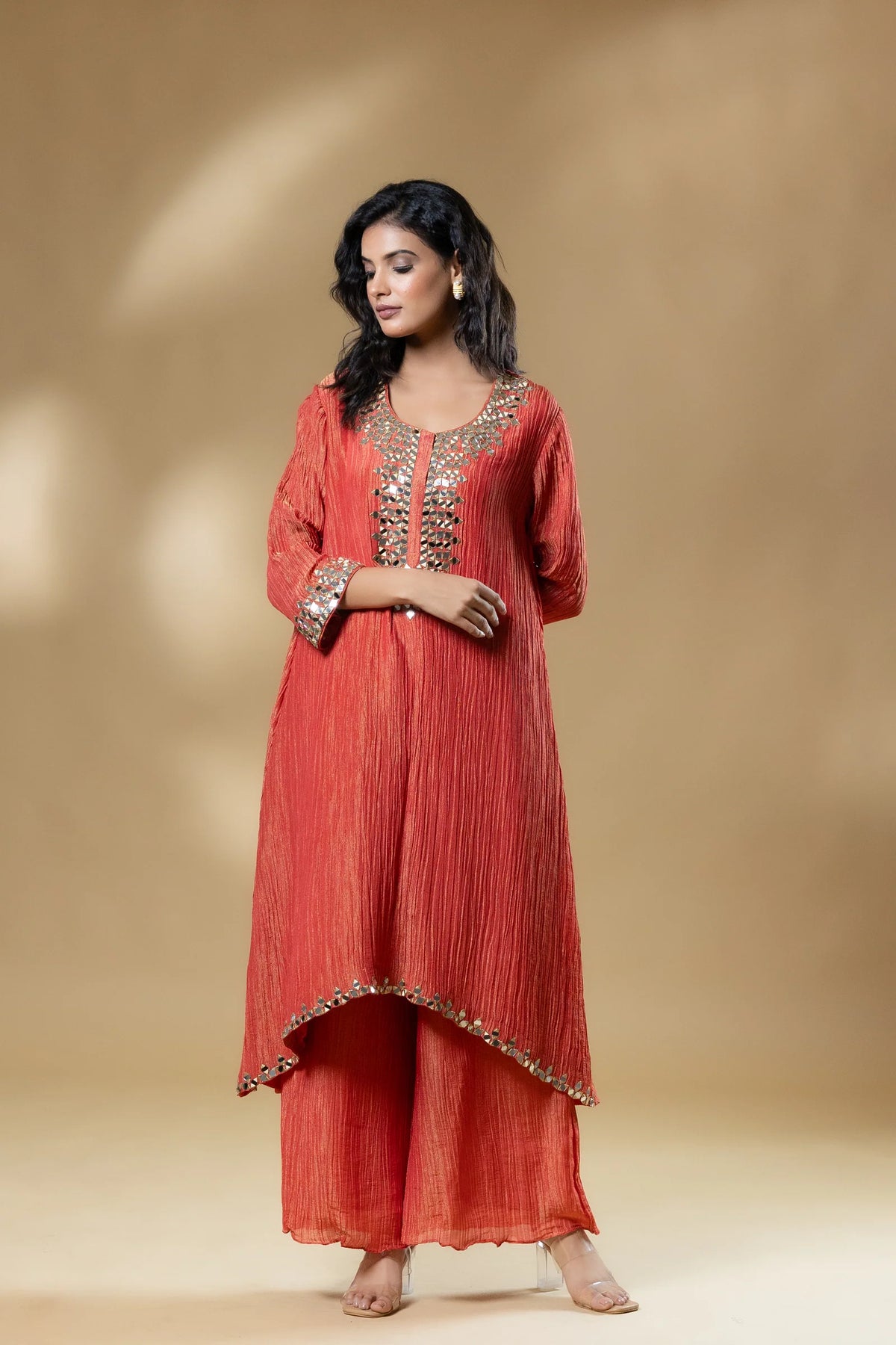 Red Shimmer Crush Mirror Work Dress With Dupatta