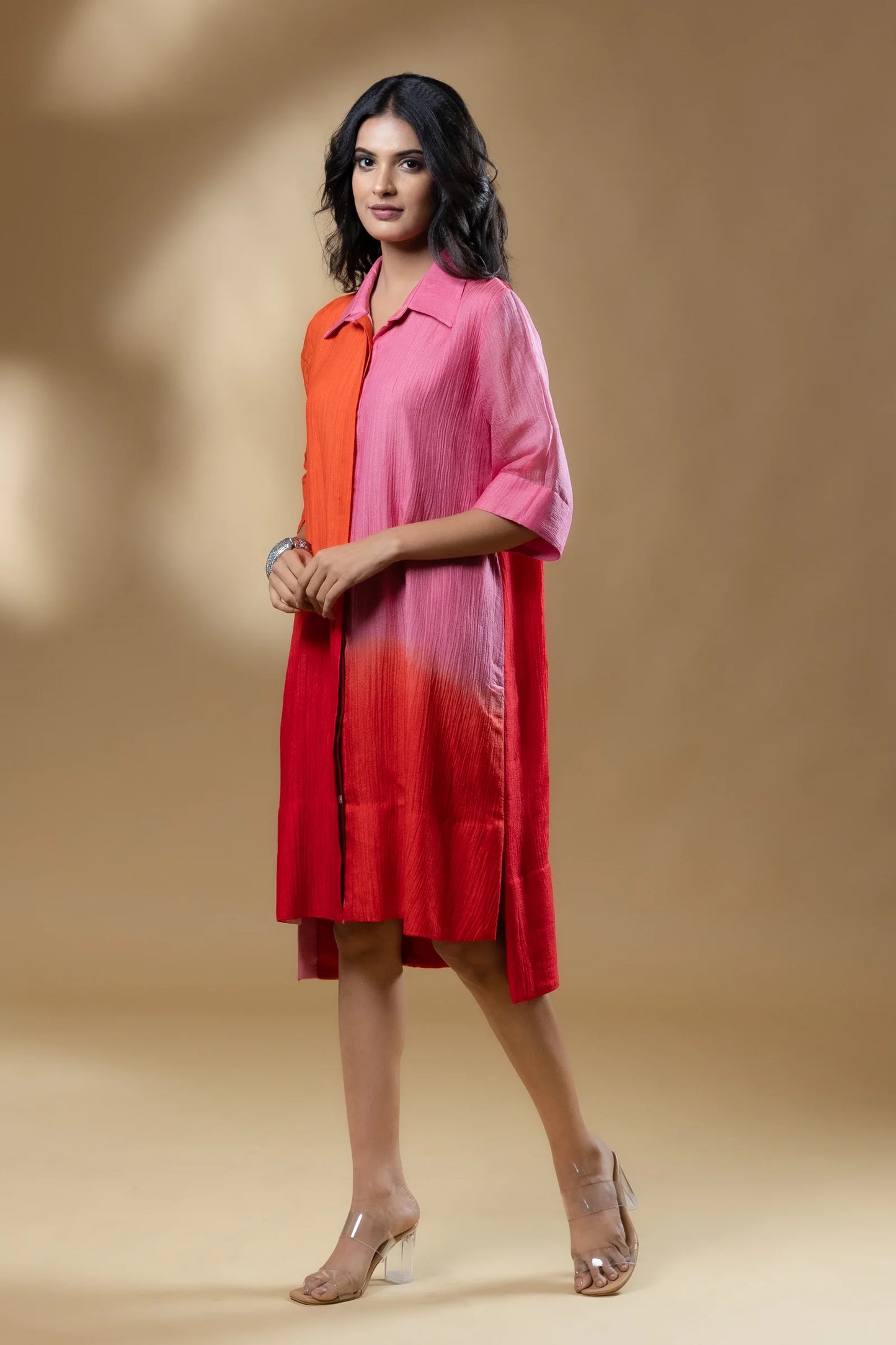 Red & Pink Block Silk Crush Ombre Dress