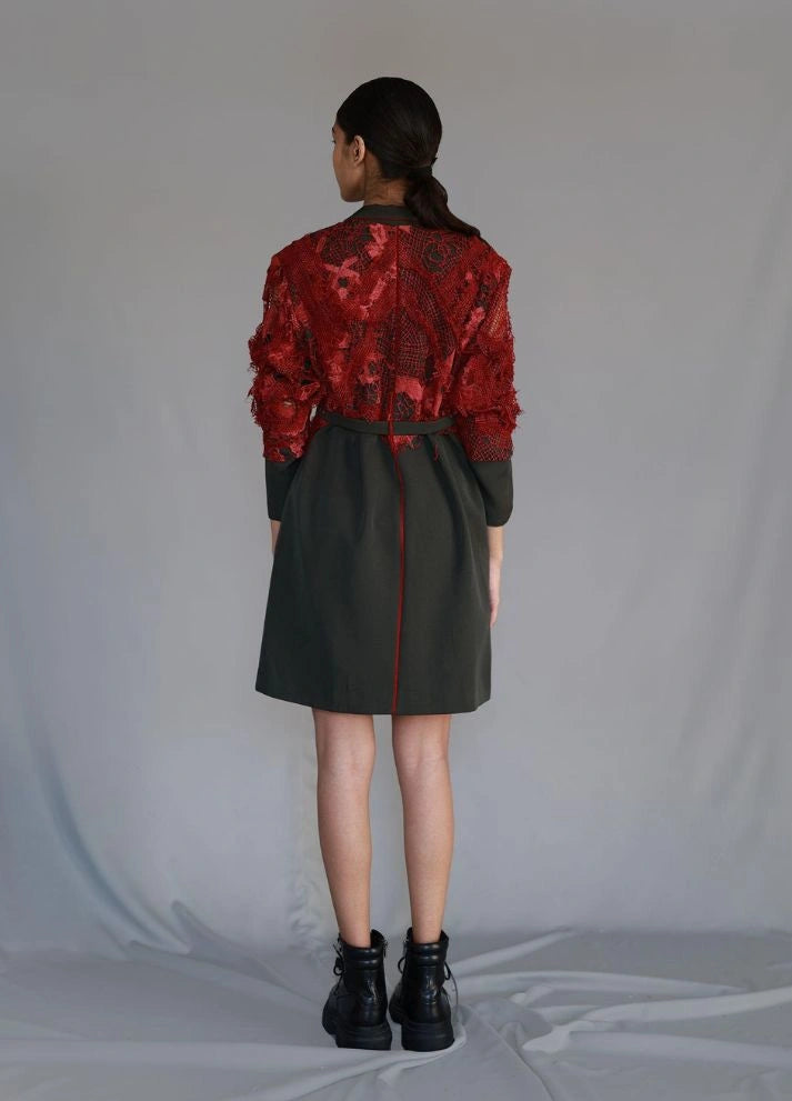 Red map embroidery coat dress