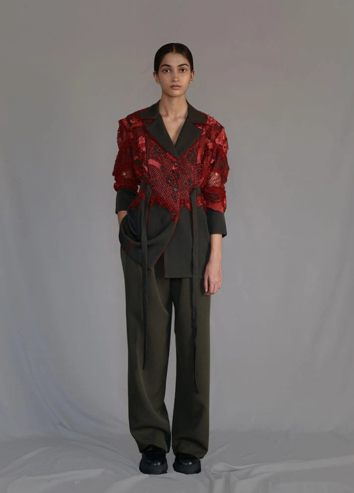 Red Map Embroidery Coat Set