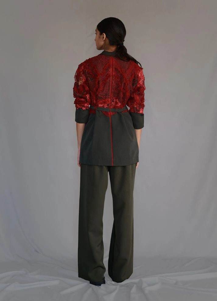 Red Map Embroidery Coat Set