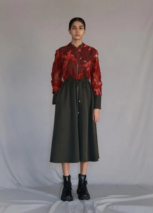 Red Map Embroidery Long Dress