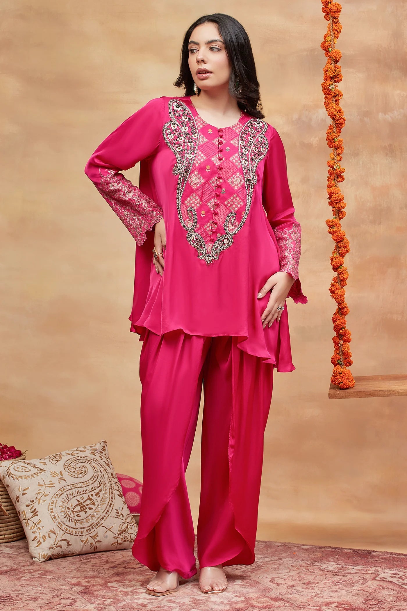 Rewa Gulabi Hand Embroidered Banarasi Dhoti Set