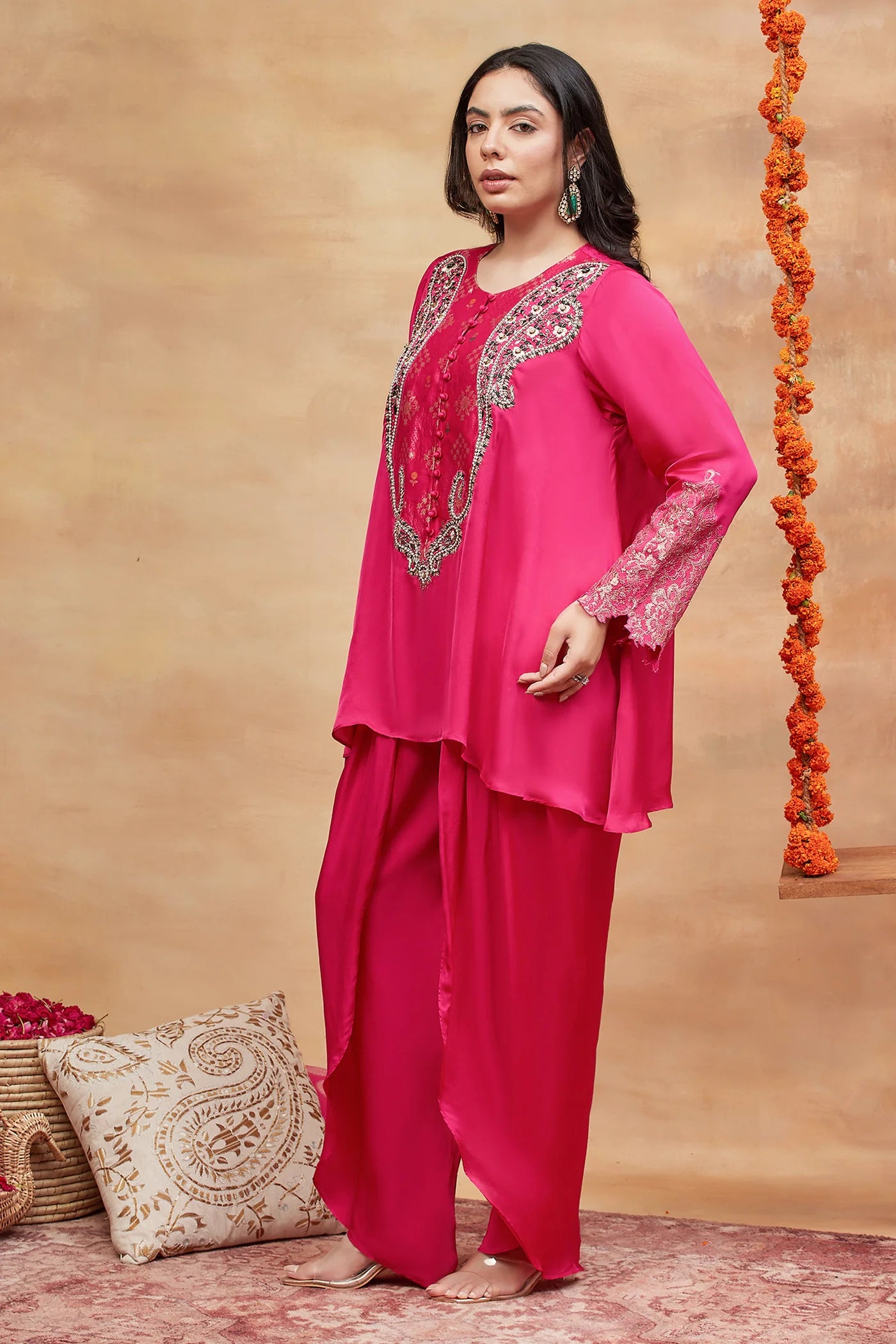Rewa Gulabi Hand Embroidered Banarasi Dhoti Set