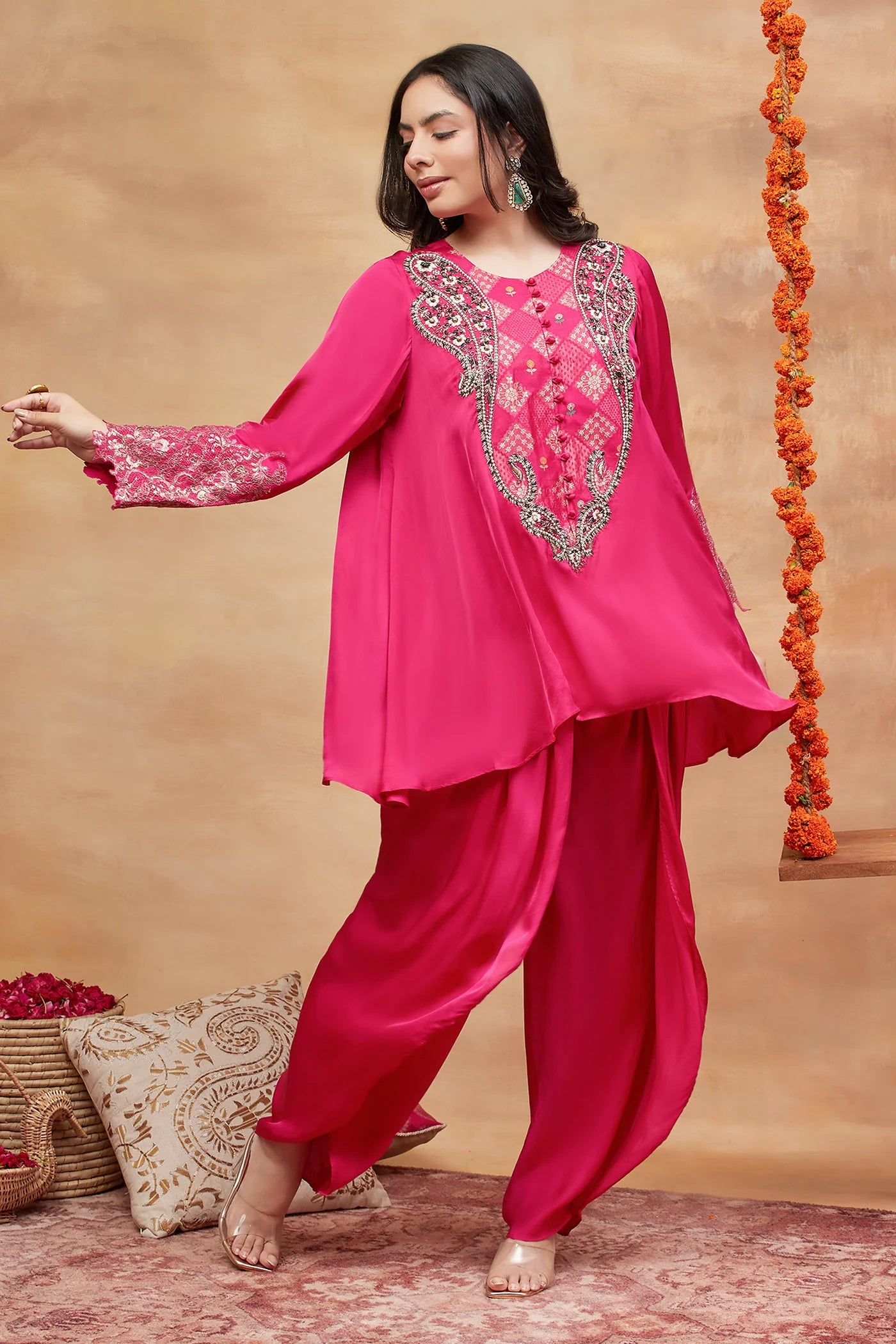 Rewa Gulabi Hand Embroidered Banarasi Dhoti Set
