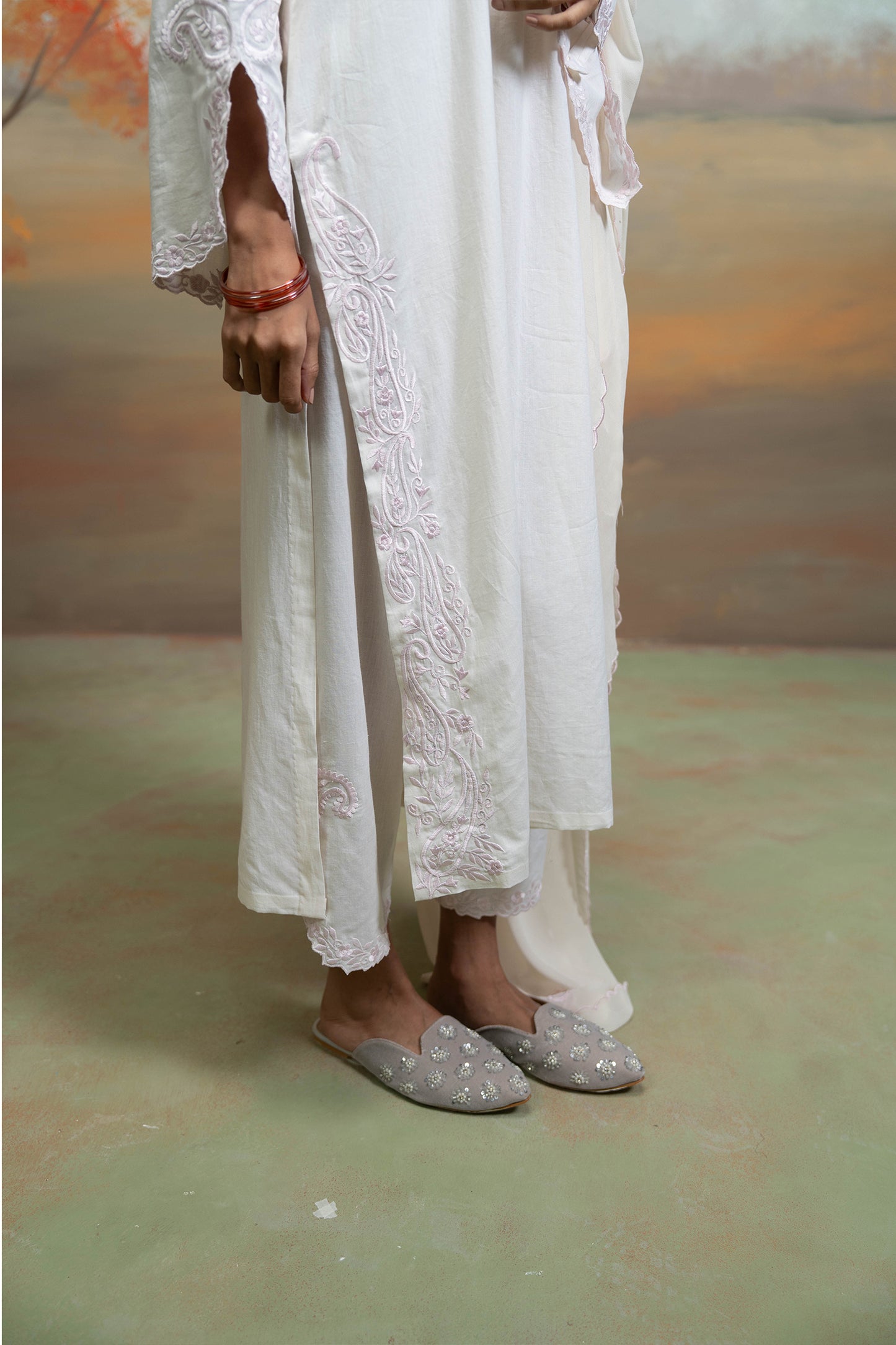 White Embroidered Slit Kurta Set