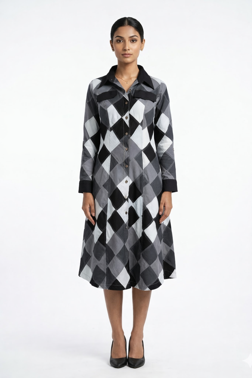 Full Sleeve Black & White Patchwork Dress