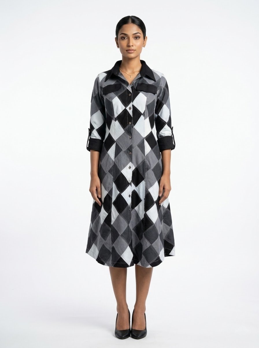 Full Sleeve Black & White Patchwork Dress