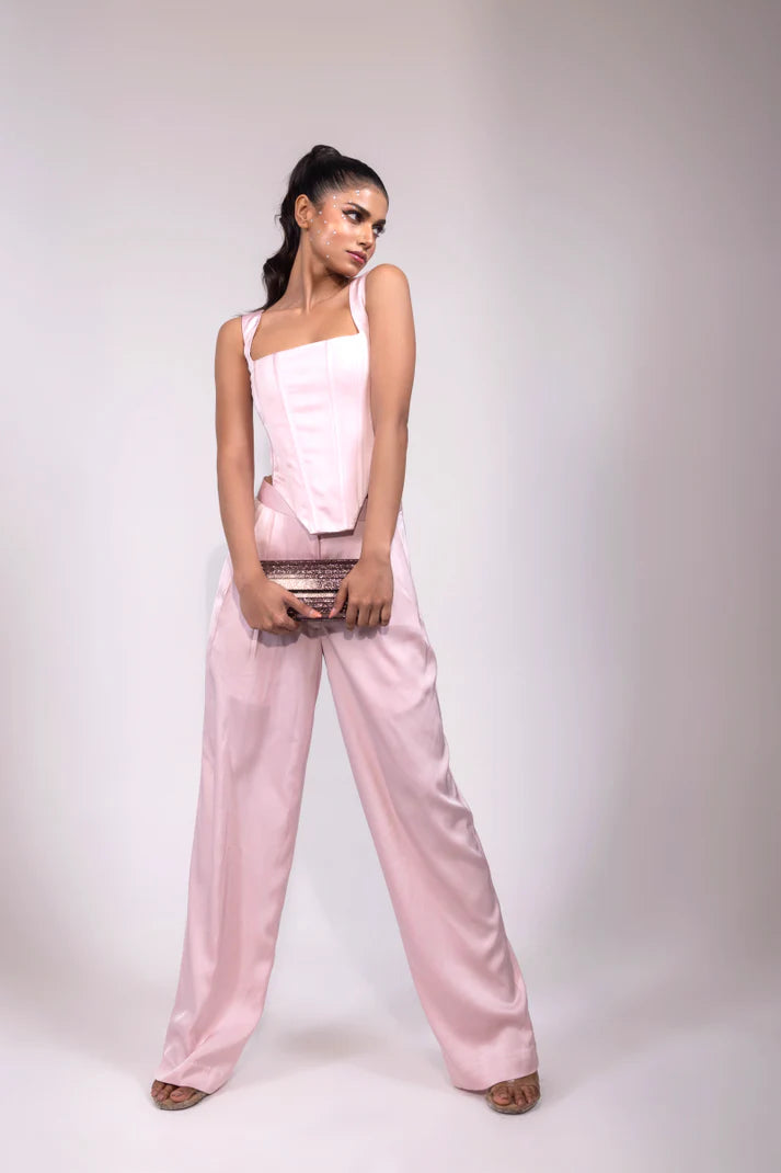 Rose Pink Linen Satin Corset Set