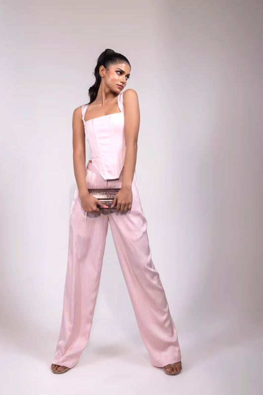 Rose Pink Linen Satin Corset Set