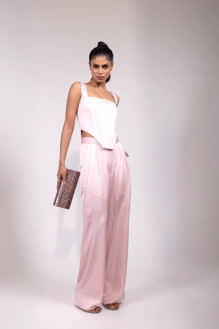 Rose Pink Linen Satin Corset Set