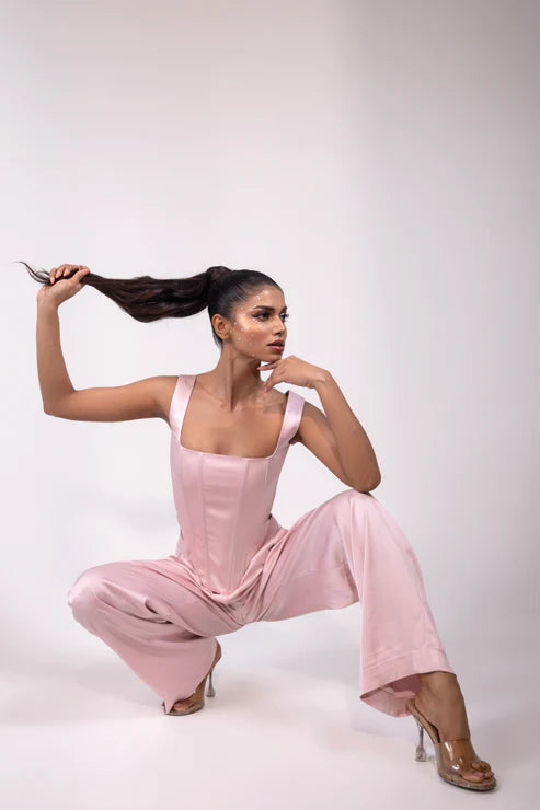 Rose Pink Linen Satin Corset Set