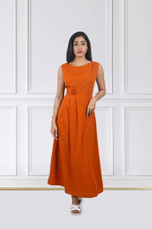 Rust Cinch-Waist Flared Maxi