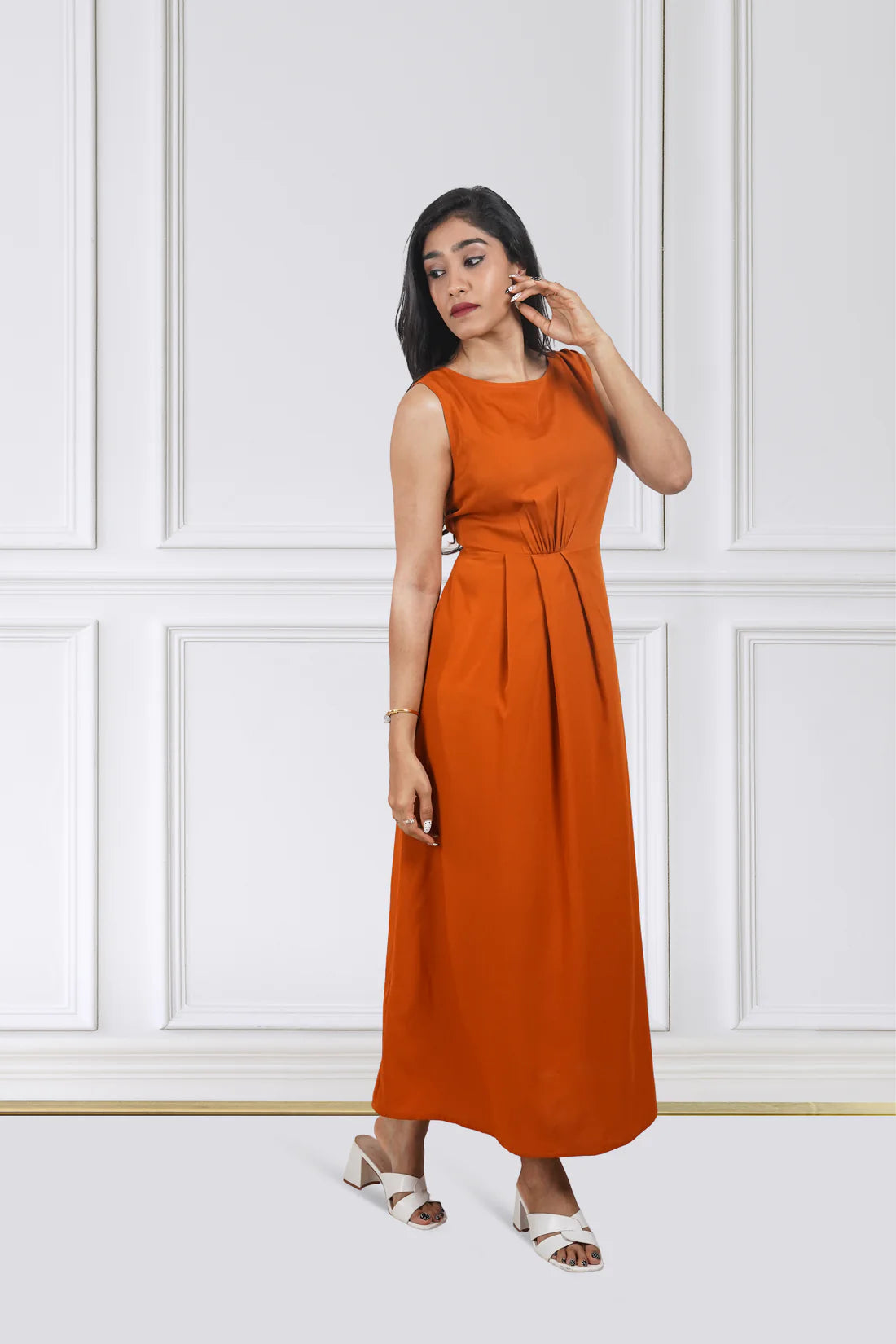 Rust Cinch-Waist Flared Maxi