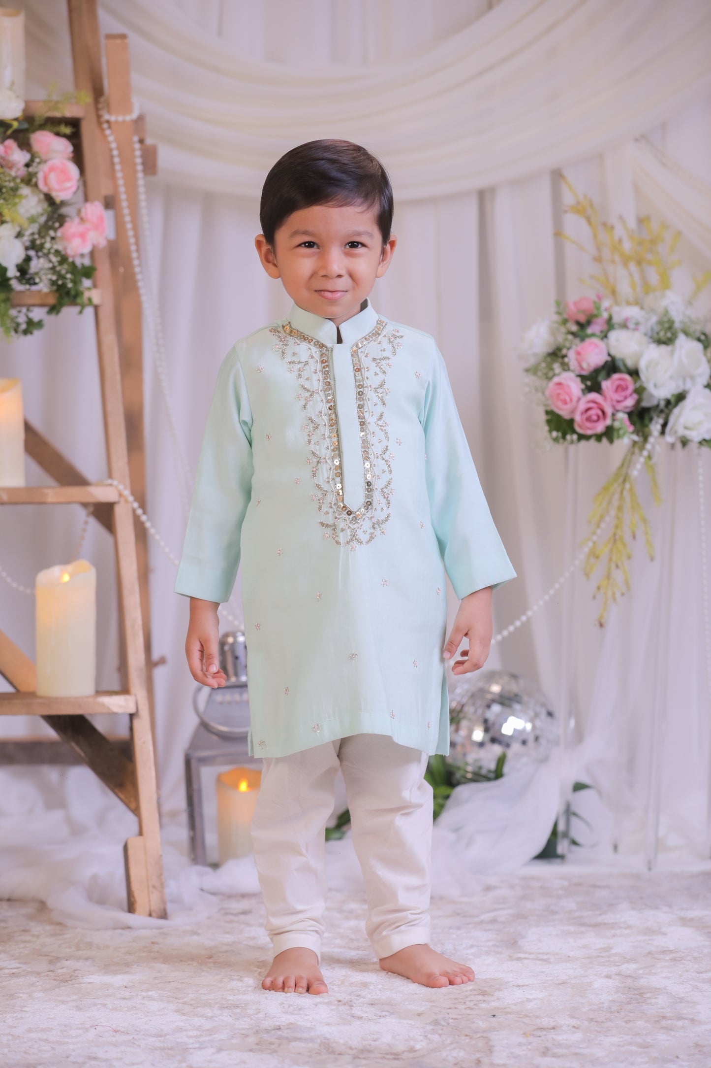 Yellow Lotus Embroidered Kurta with Churidaar