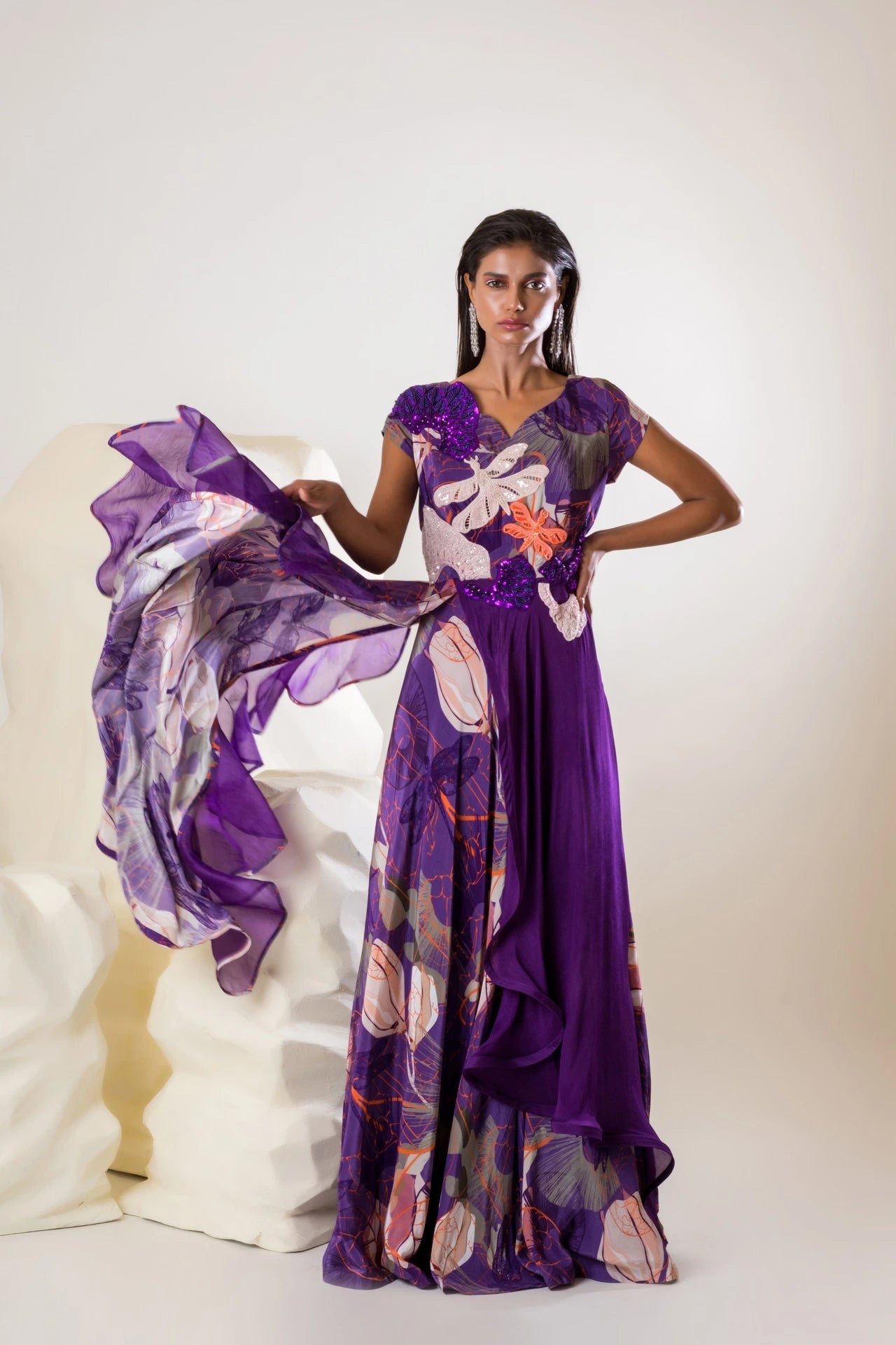 Printed Embroidered Ruffle Gown