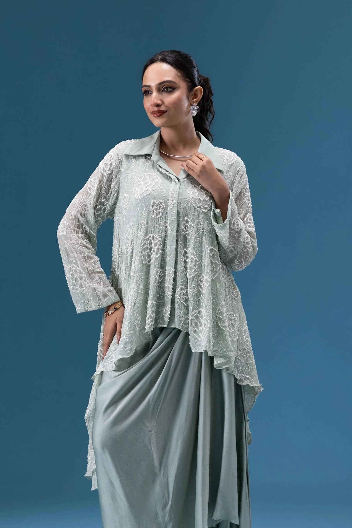 Sage Mist Drape Skirt Set