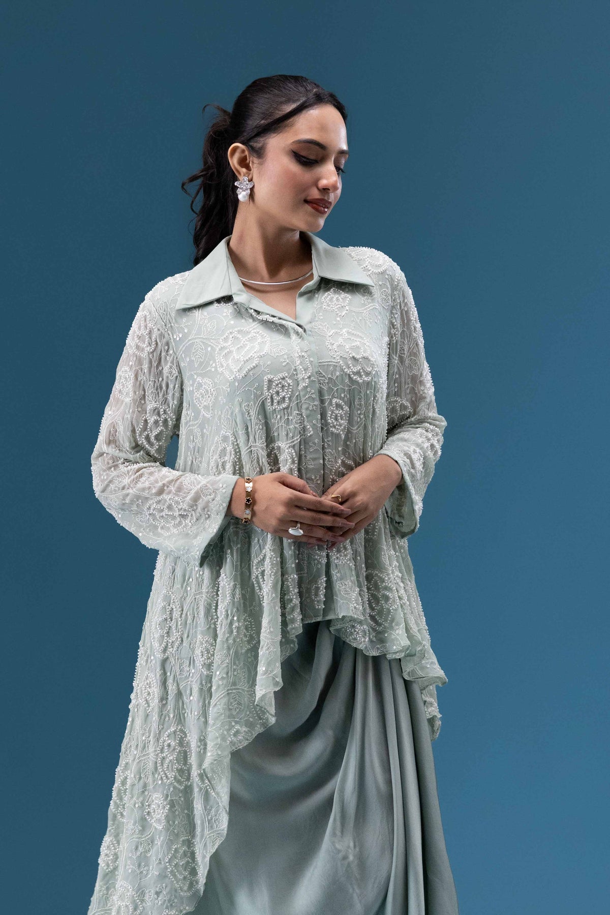 Sage Mist Drape Skirt Set