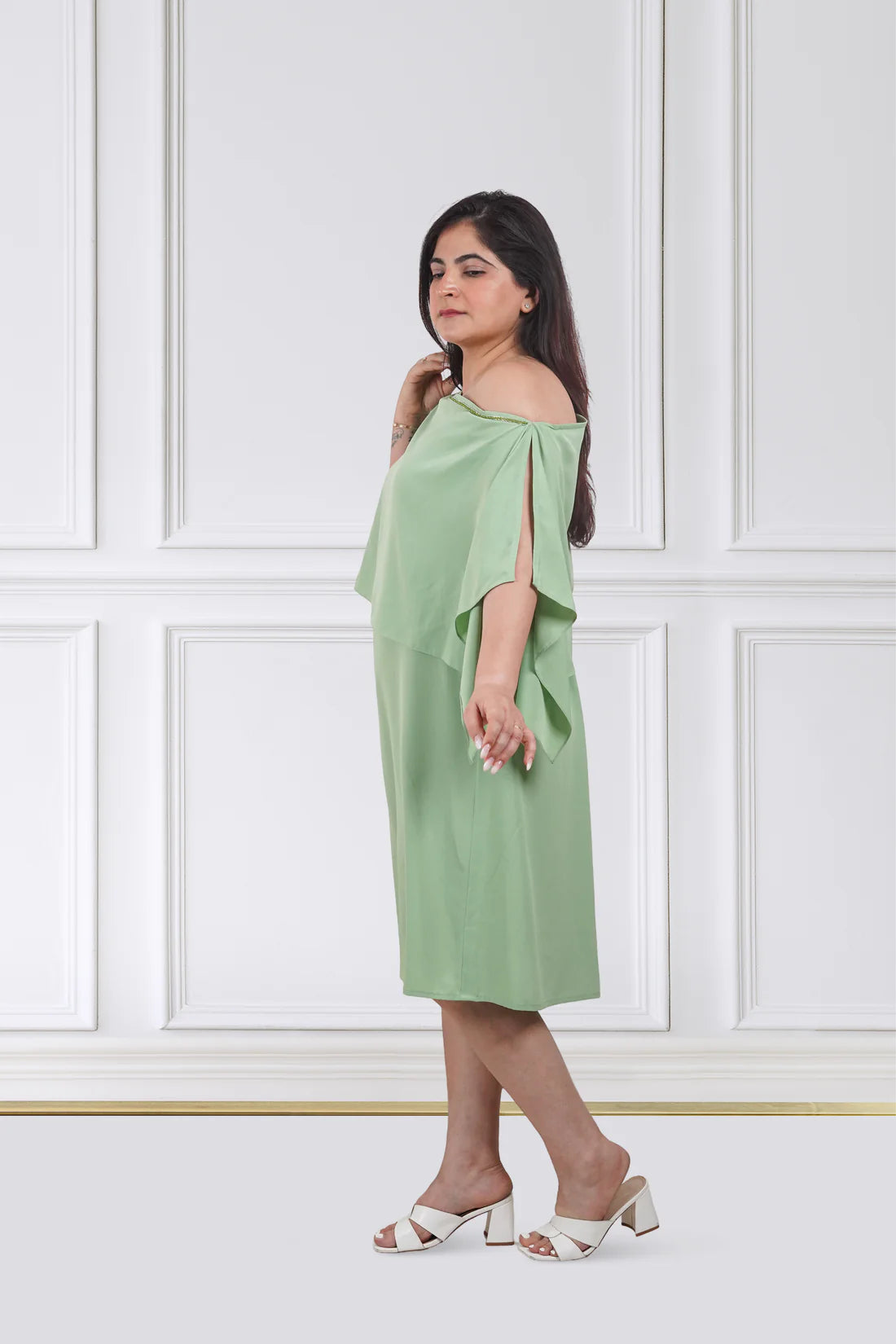 Sage Overlay Cape Dress