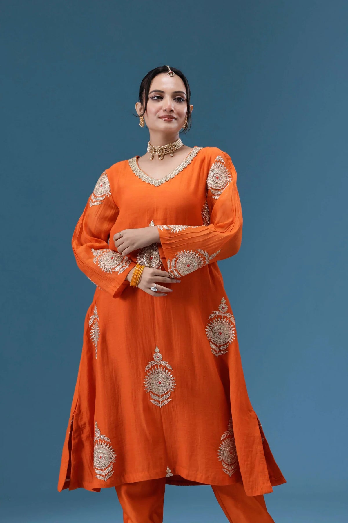 Surkh Orange Embroidered Kurta Set