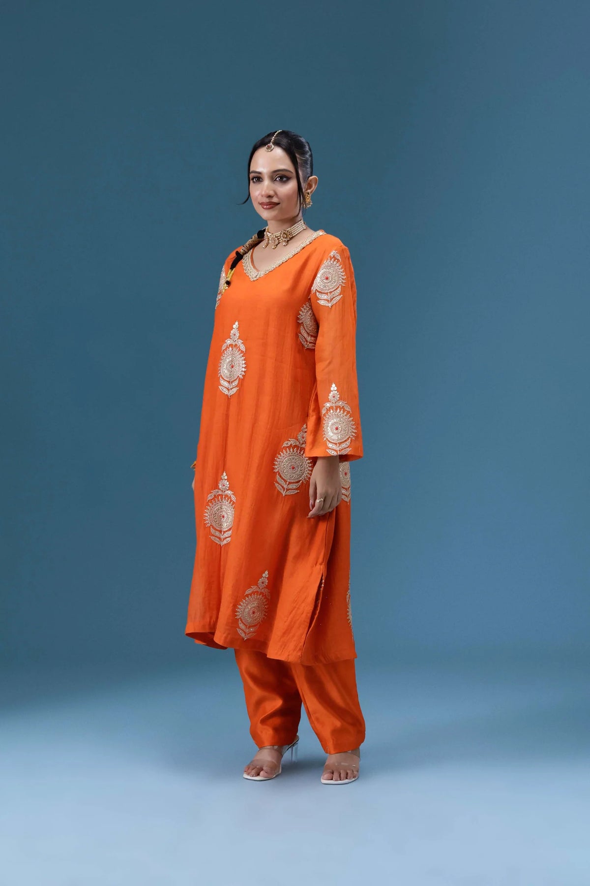 Surkh Orange Embroidered Kurta Set