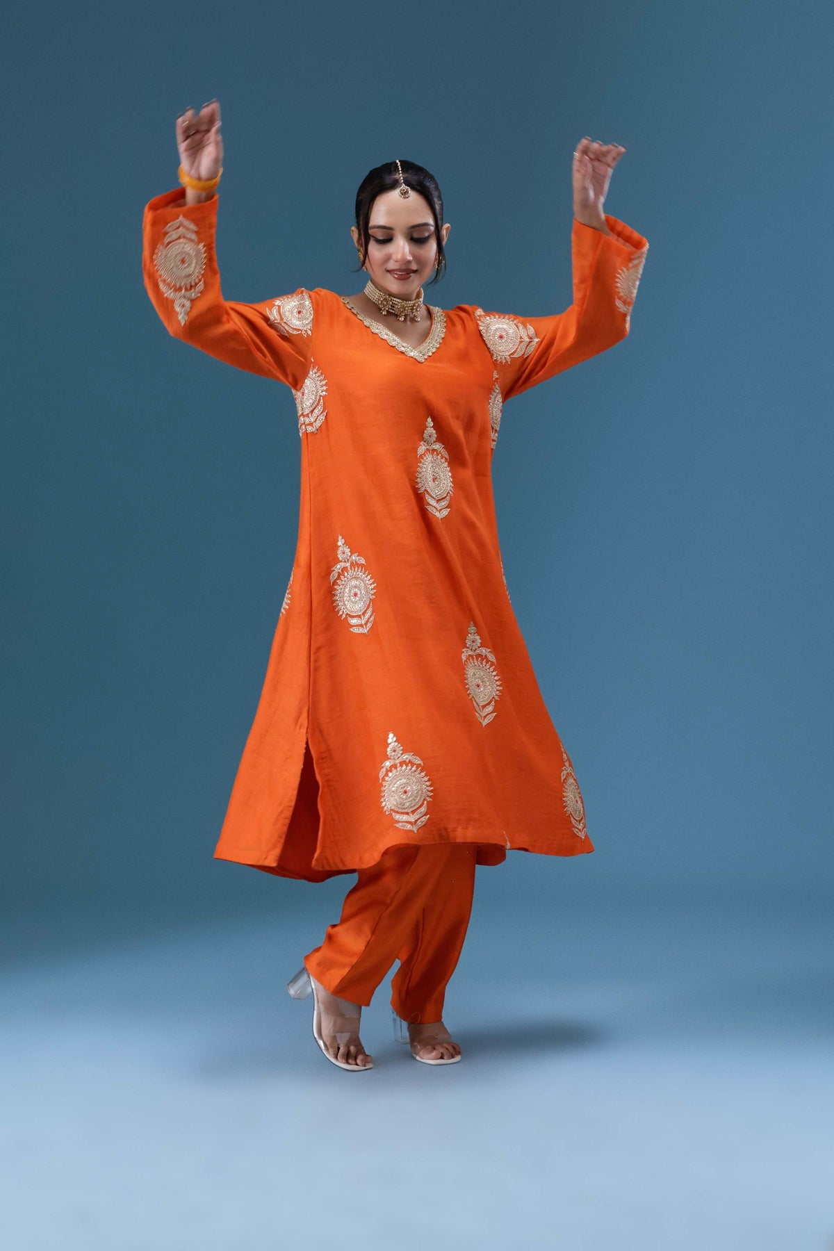 Surkh Orange Embroidered Kurta Set