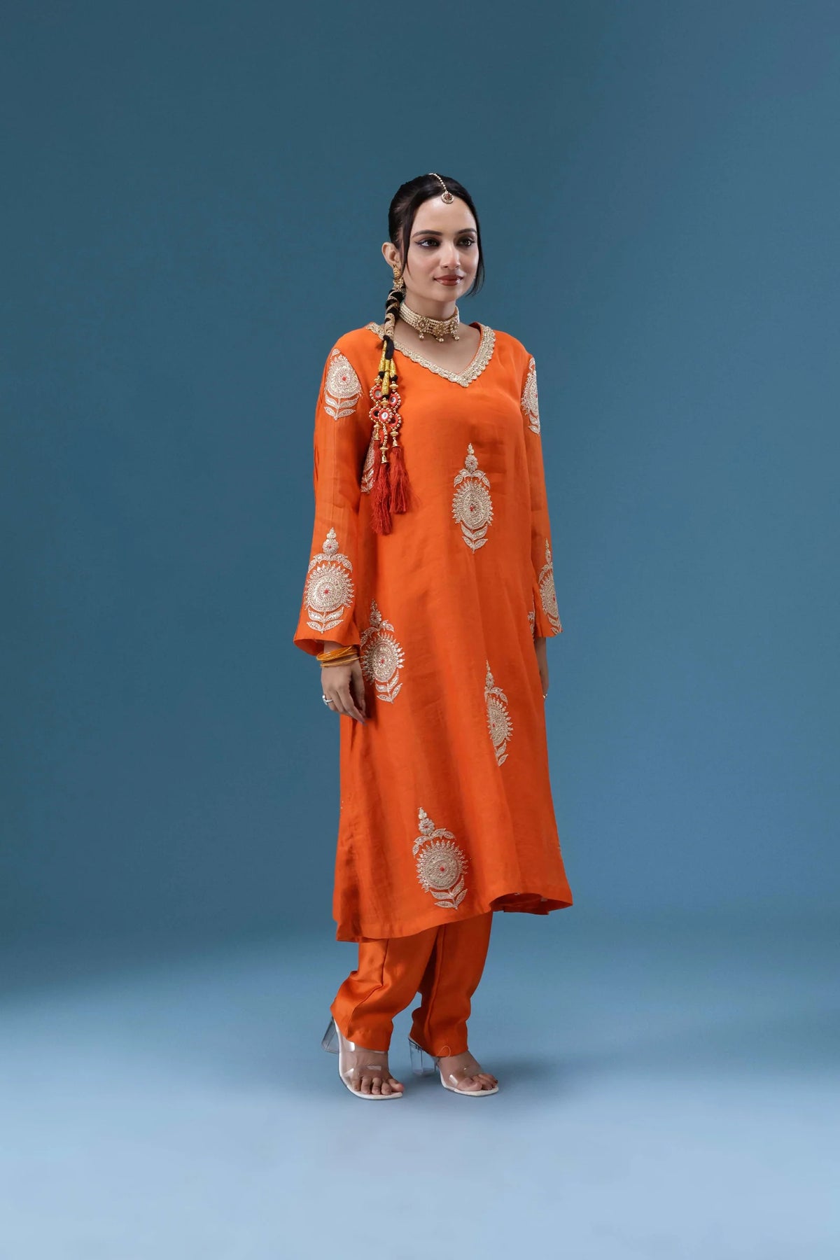 Surkh Orange Embroidered Kurta Set