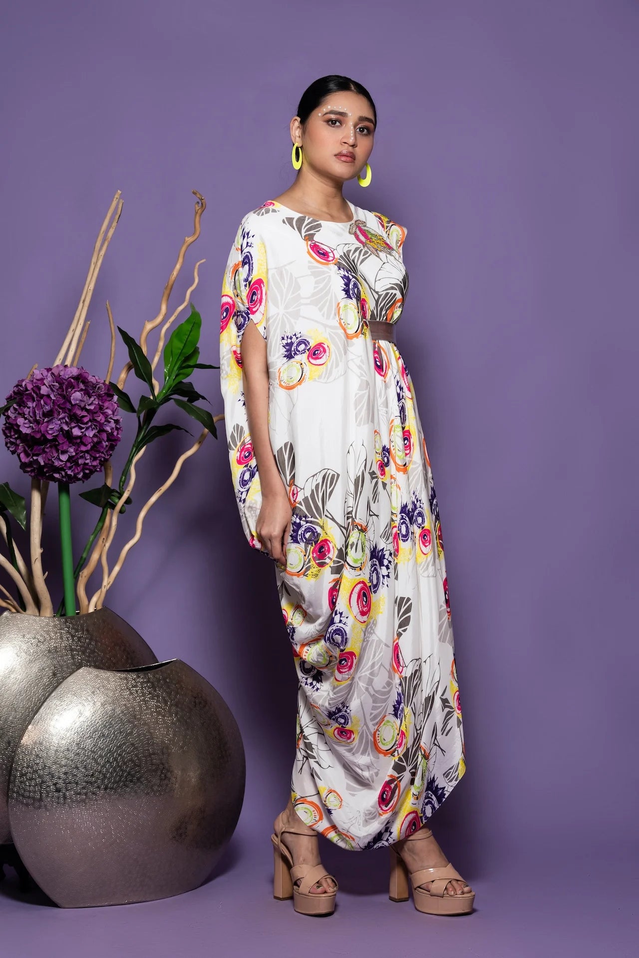 White Printed Draped Dress
