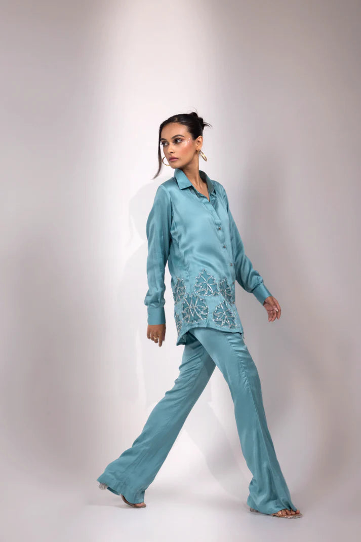 Teal Embroidered Longline Button-Up Shirt