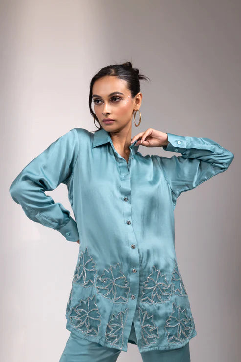 Teal Embroidered Longline Button-Up Shirt