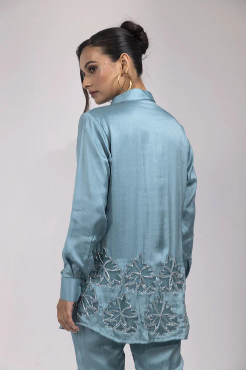 Teal Embroidered Longline Button-Up Shirt