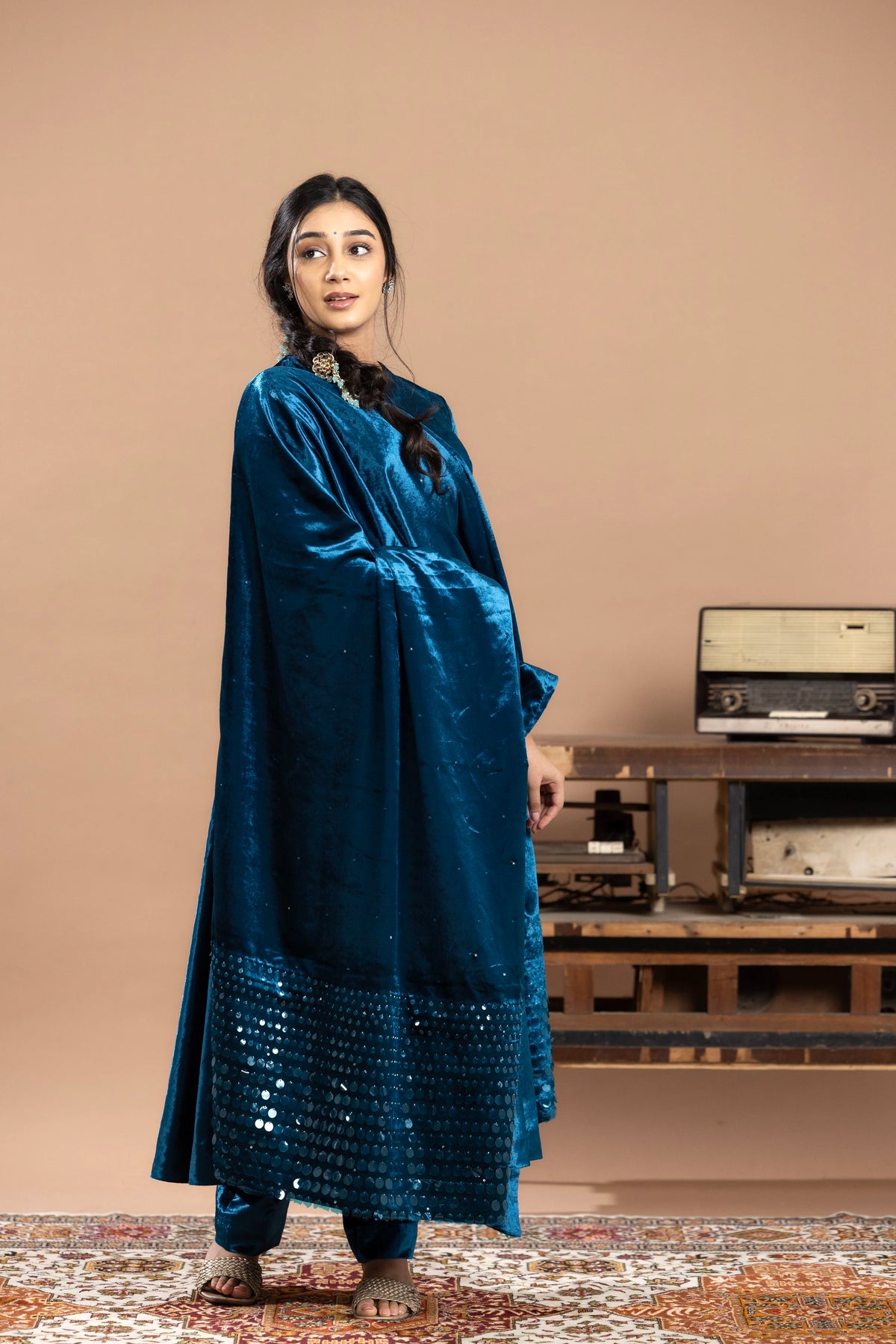 Velvet Anarkali Paired With Pants and Dupatta