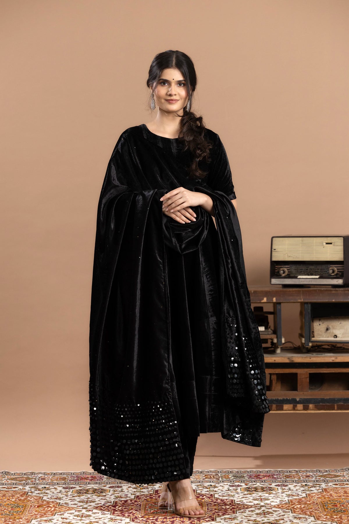 Velvet Anarkali Paired With Pants and Dupatta